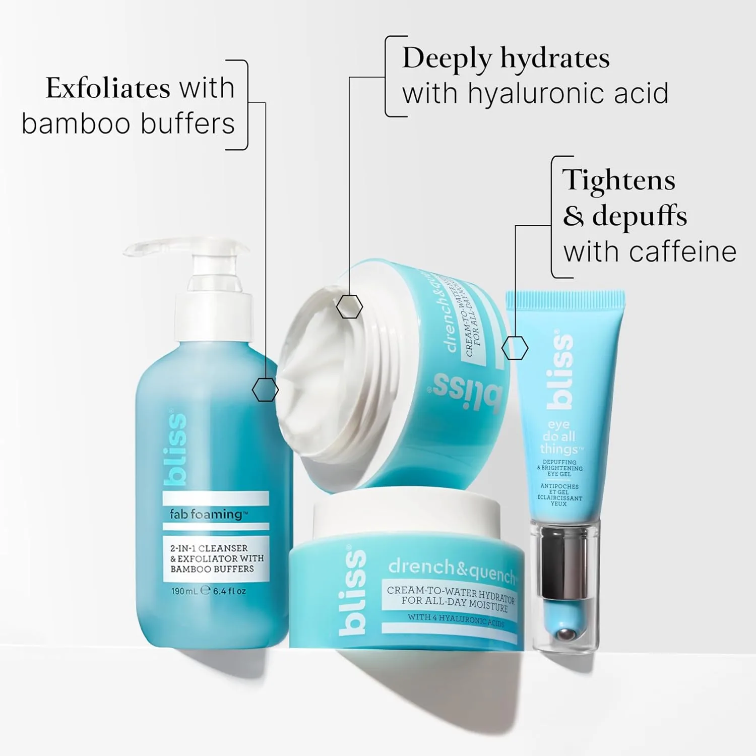 Bliss Essentials Skincare Kit: увлажняющий гель для глаз Eye Do All Things, увлажняющий крем для лица Drench & Quench с гиалуроновой кислотой и 2-в-1 очищающее пенящееся средство и эксфолиатор — фото 3