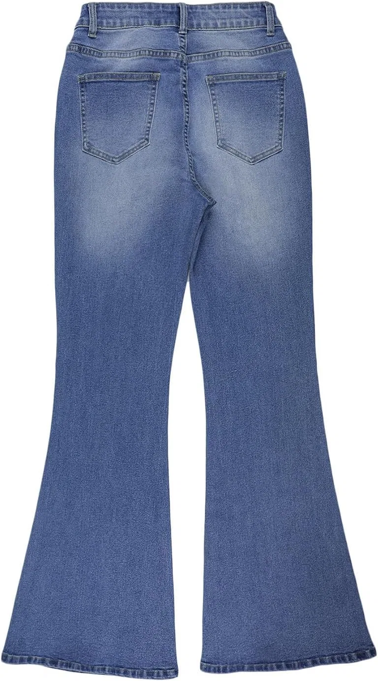 Джинсы клеш Women's High Waist Flare Jeans Rhinestone Slim Fit Bell-Bottoms Skinny Jeans Butt Lifting Stretch Bootcut Denim Pants, синий — фото 4