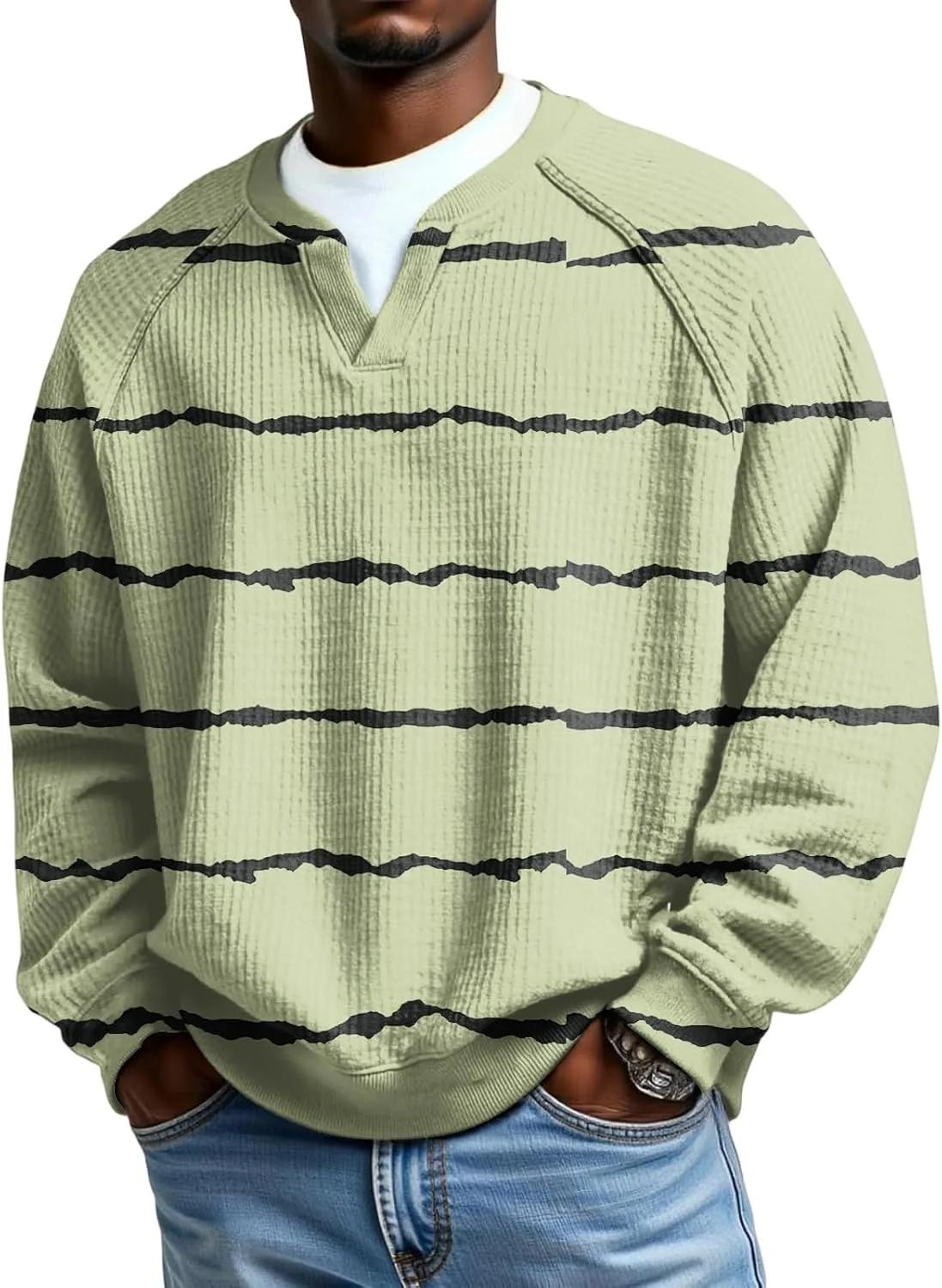 

Мужская футболка с длинным рукавом и полосками, V-образный вырез, свободный крой