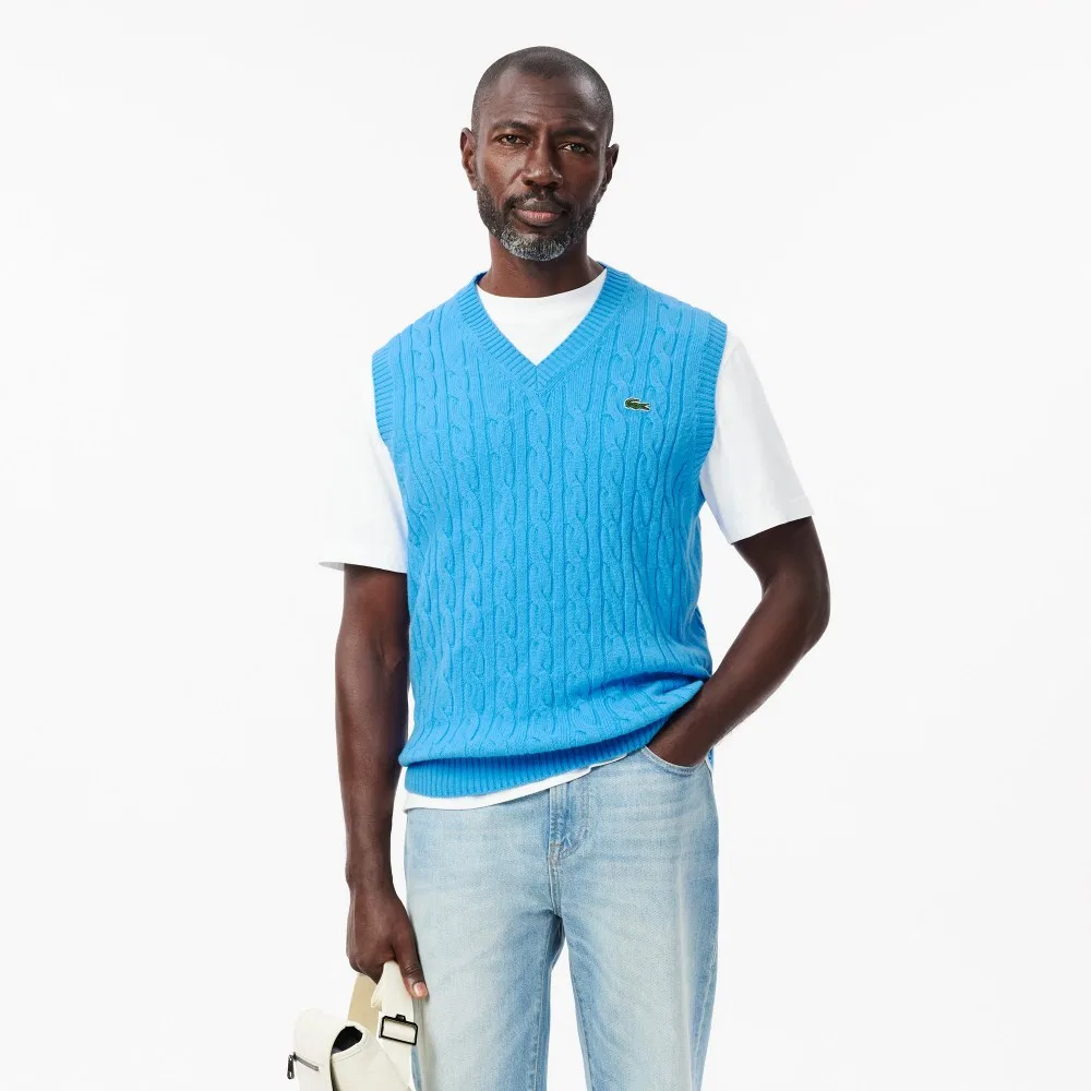 Мужской шерстяной вязаный жилет с V-образным вырезом синего цвета от Lacoste