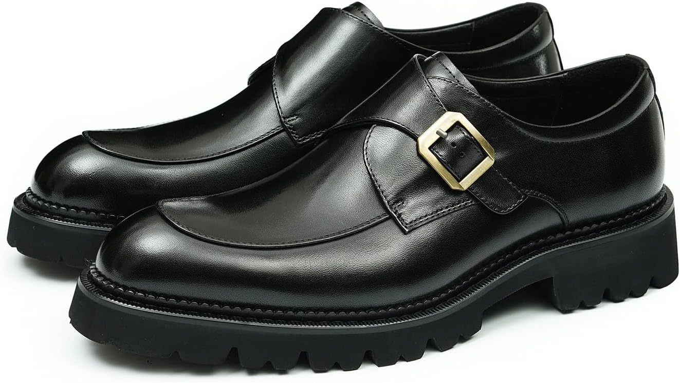 

Мужские кожаные лоферы Santimon с монковой пряжкой - повседневные и деловые туфли с модной одинарной пряжкой и рифленой подошвой для работы в стиле Casual и свадебных костюмов, черный