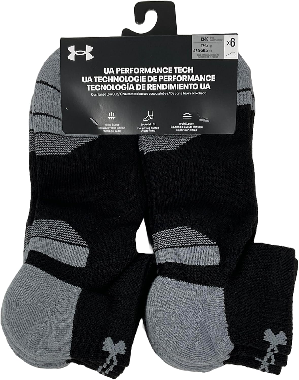 

Under Armour мужские носки UA Performance Tech с амортизацией и низкой посадкой - набор из 6 пар, Black/Black/Black