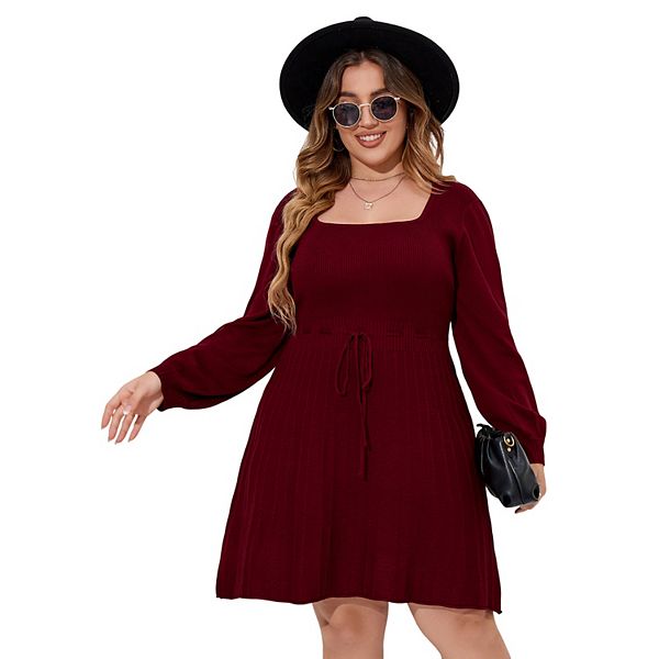 

Платье-свитер с длинными рукавами-фонариками и поясом для женщин Plus size Seoria, Wine Red