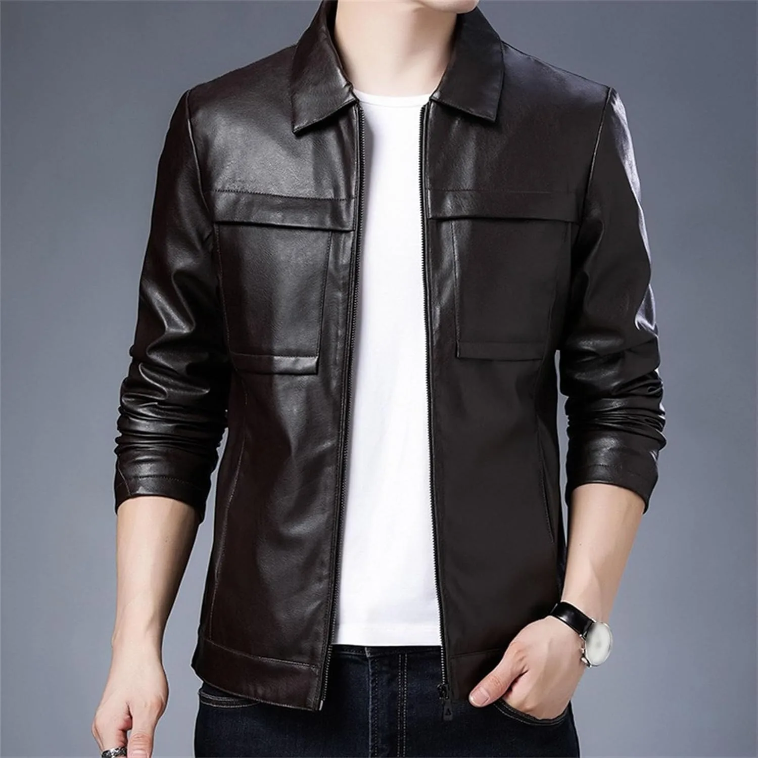 Мужская повседневная кожаная куртка-пуховик с молнией Slim Fit весенняя облегченная с лацканами Generic, кофейный — фото 3