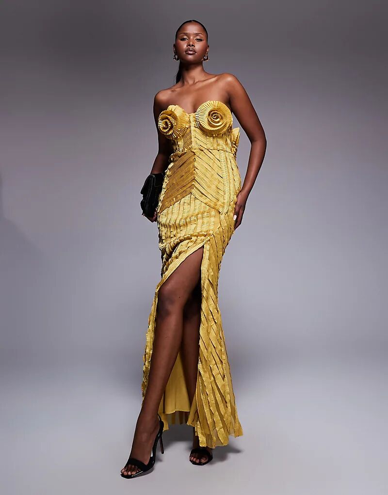 

Платье макси ASOS LUXE с экстремальной плиссировкой и корсажными чашками золотого цвета