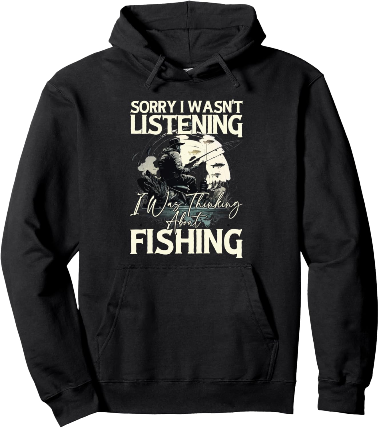 

Забавная толстовка с рыбацким принтом: Он думал о рыбалке Funny Fisherman Thinking About Fishing, черный