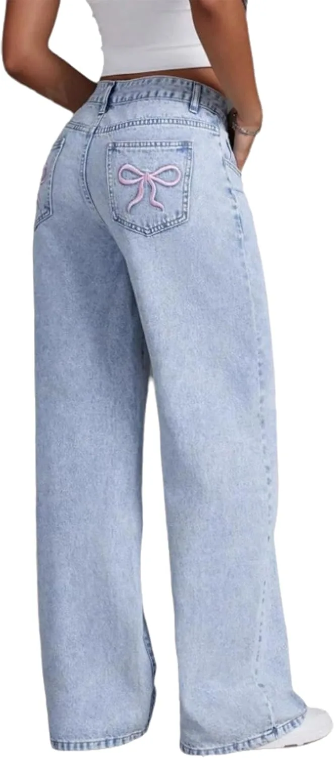 

Женские джинсы Vintage с вышивкой бантом, прямые, mid rise, широкие YADMISU