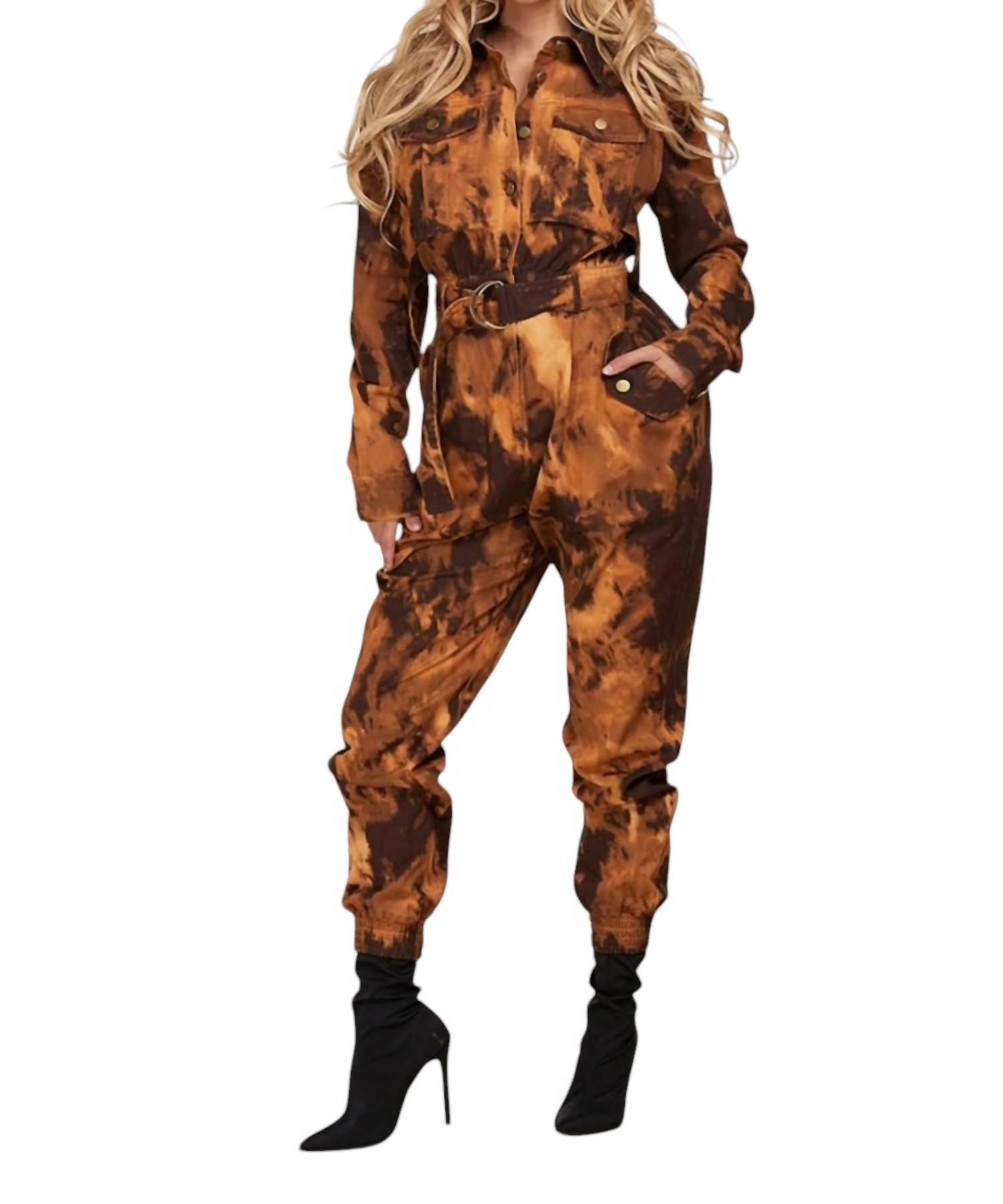 

Комбинезон из джинсовой ткани Tye Dye цвета Fierce Sepia Denim в коричнево-золотом цвете L'ATISTE