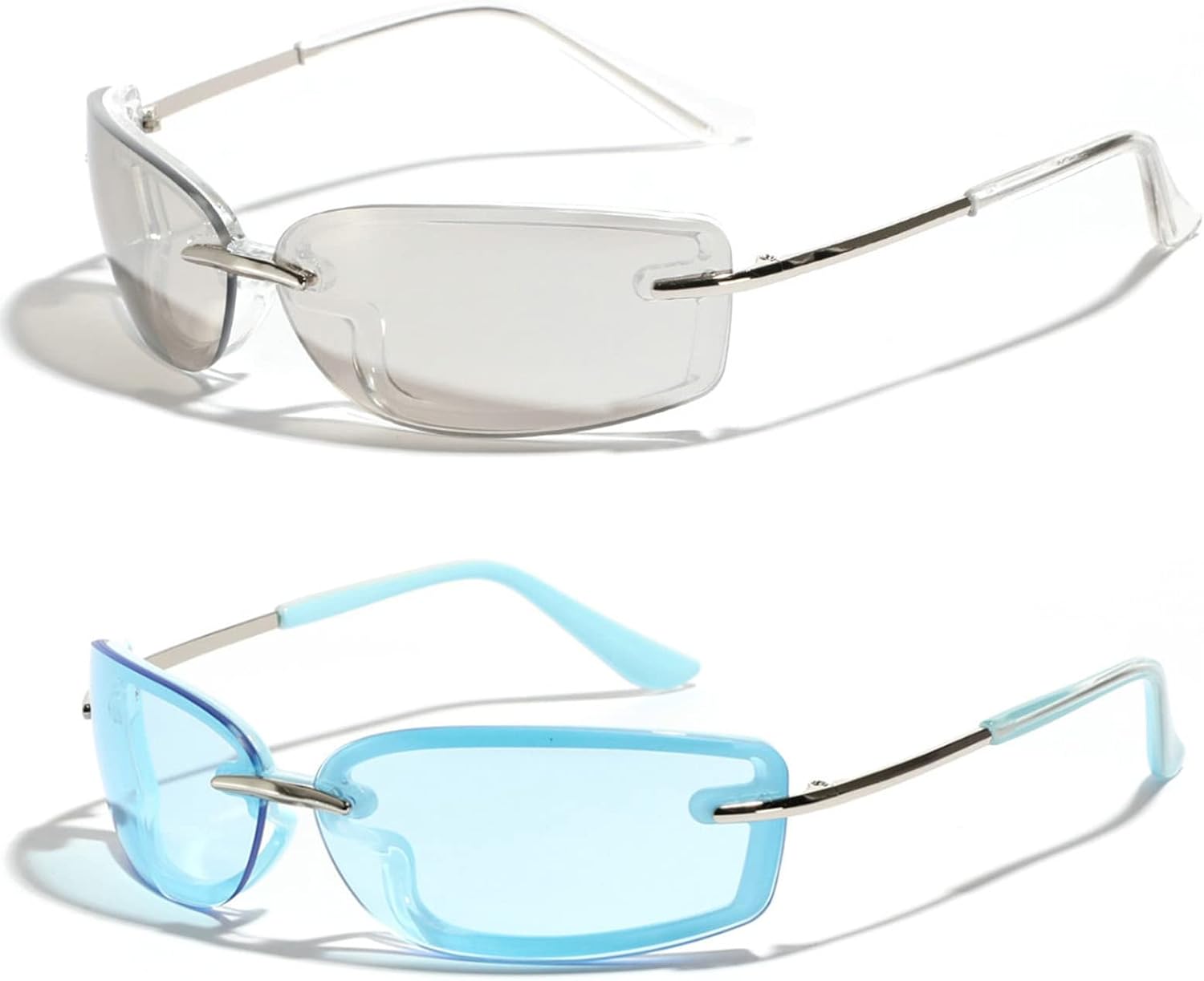 

Солнцезащитные очки Willochra One Piece без оправы в стиле Y2K для женщин, модные серебристые зеркальные солнцезащитные очки для мужчин, хип-хоп панк-очки из сплава, 2pcs-blue&silver