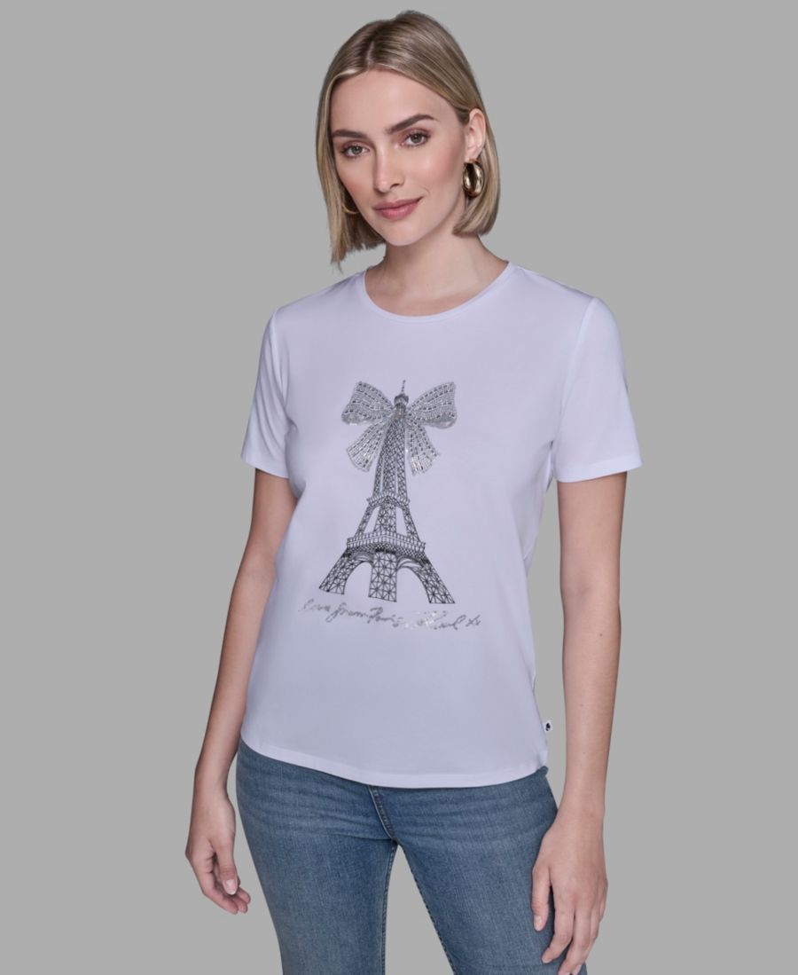 

Женская футболка с круглым вырезом, украшенная бантом и изображением Эйфелевой башни KARL LAGERFELD PARIS, White