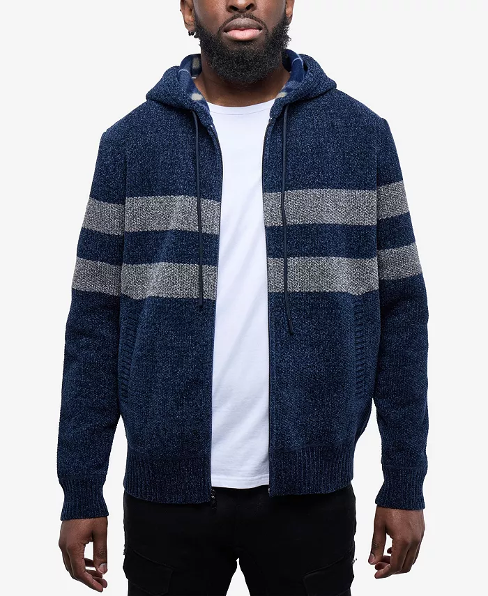 

Мужской свитер с капюшоном, застежкой-молнией, полосками и фланелевой подкладкой Cultura, синий