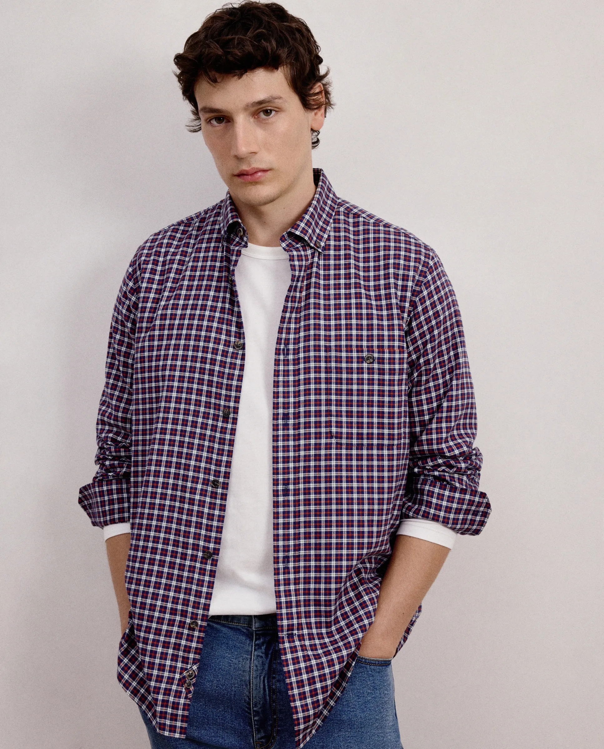 

Рубашка с длинным рукавом из вельвета в клетку «глен» классическая Dustin, темно-синий