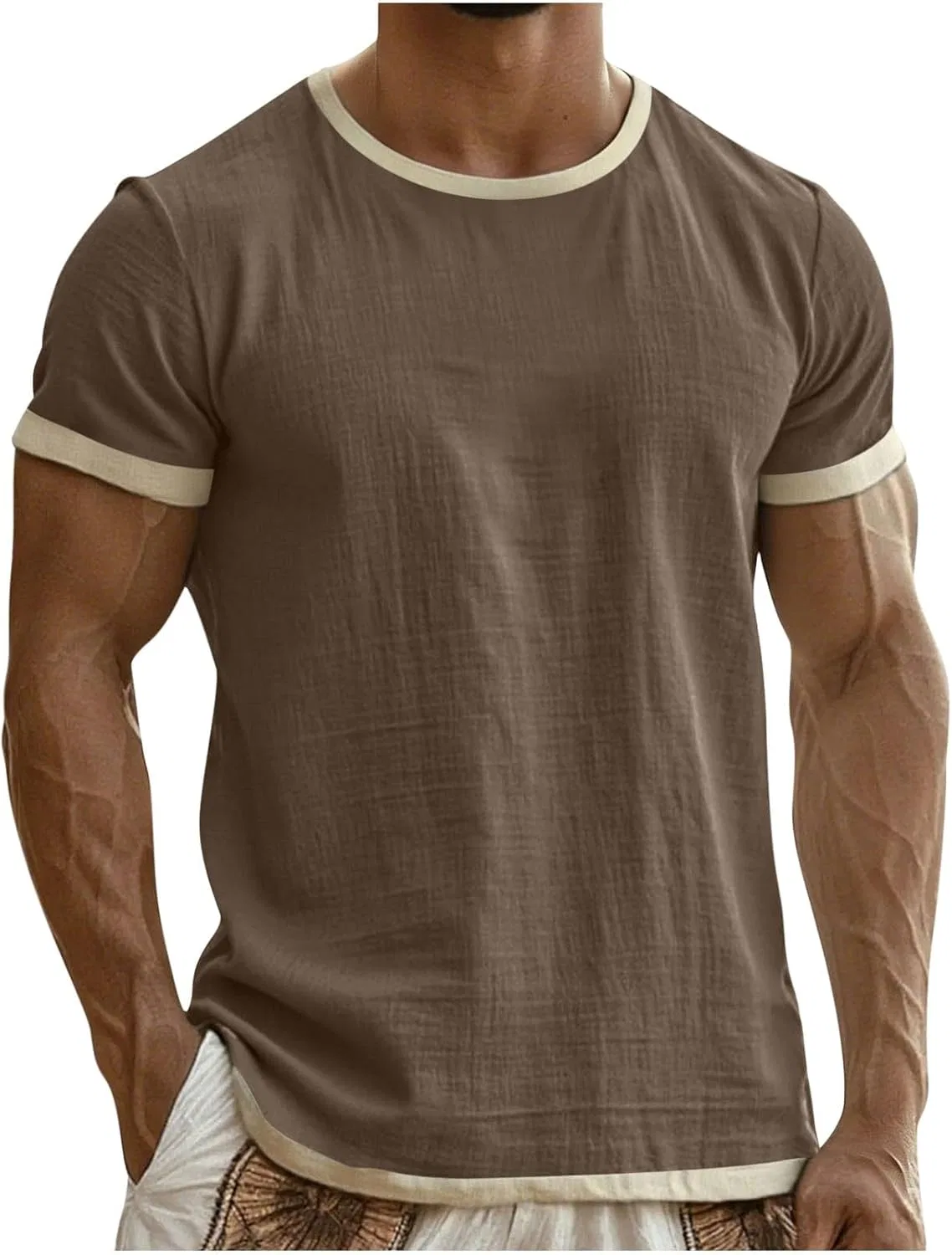 Футболка с контрастной отделкой, Cotton Linen, Coffee