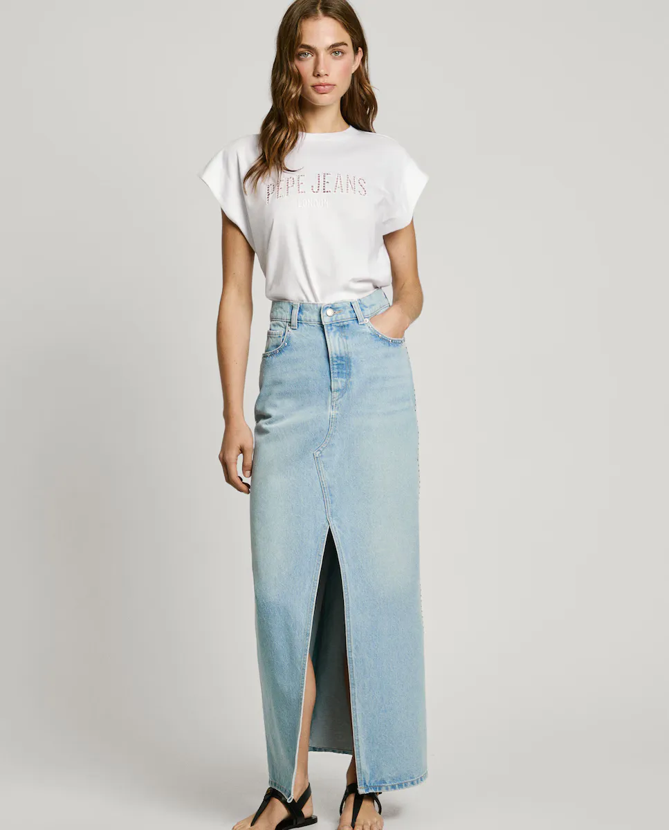 

Длинная джинсовая юбка с разрезом спереди Pepe Jeans, светло-голубой