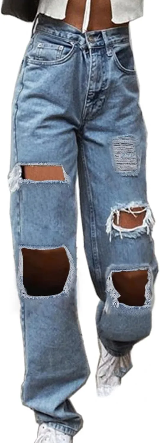 Женские рваные джинсы Loose Ripped 2024 Y2k Streetwear Distressed Denim Trouser High Waist Baggy Plus Size Wide Leg