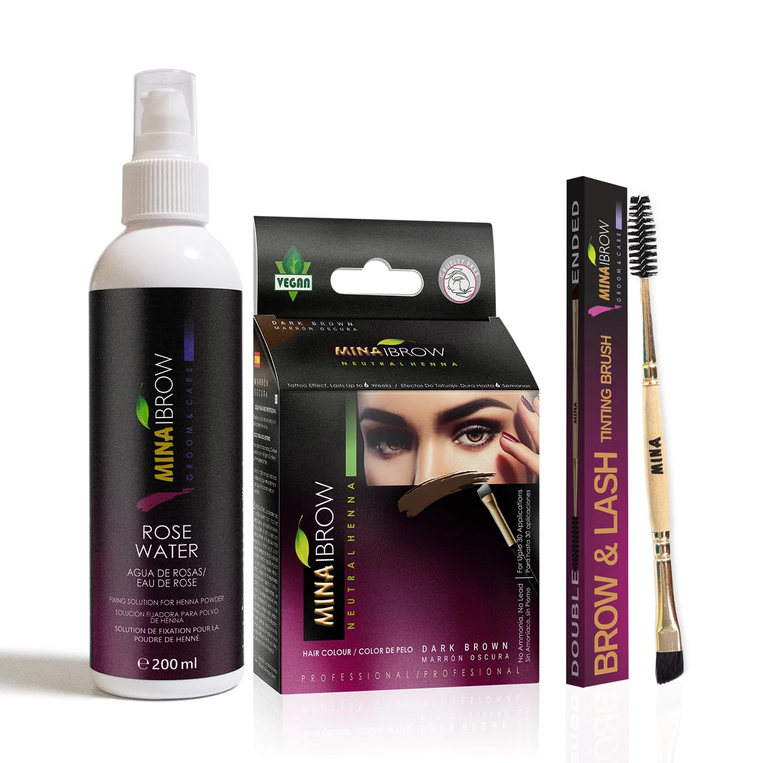 Натуральная краска для волос и бровей «ibrow» темно-коричневая от Mina Minaibrow, Dark Brown + Duo Angled Brush + Rose Water