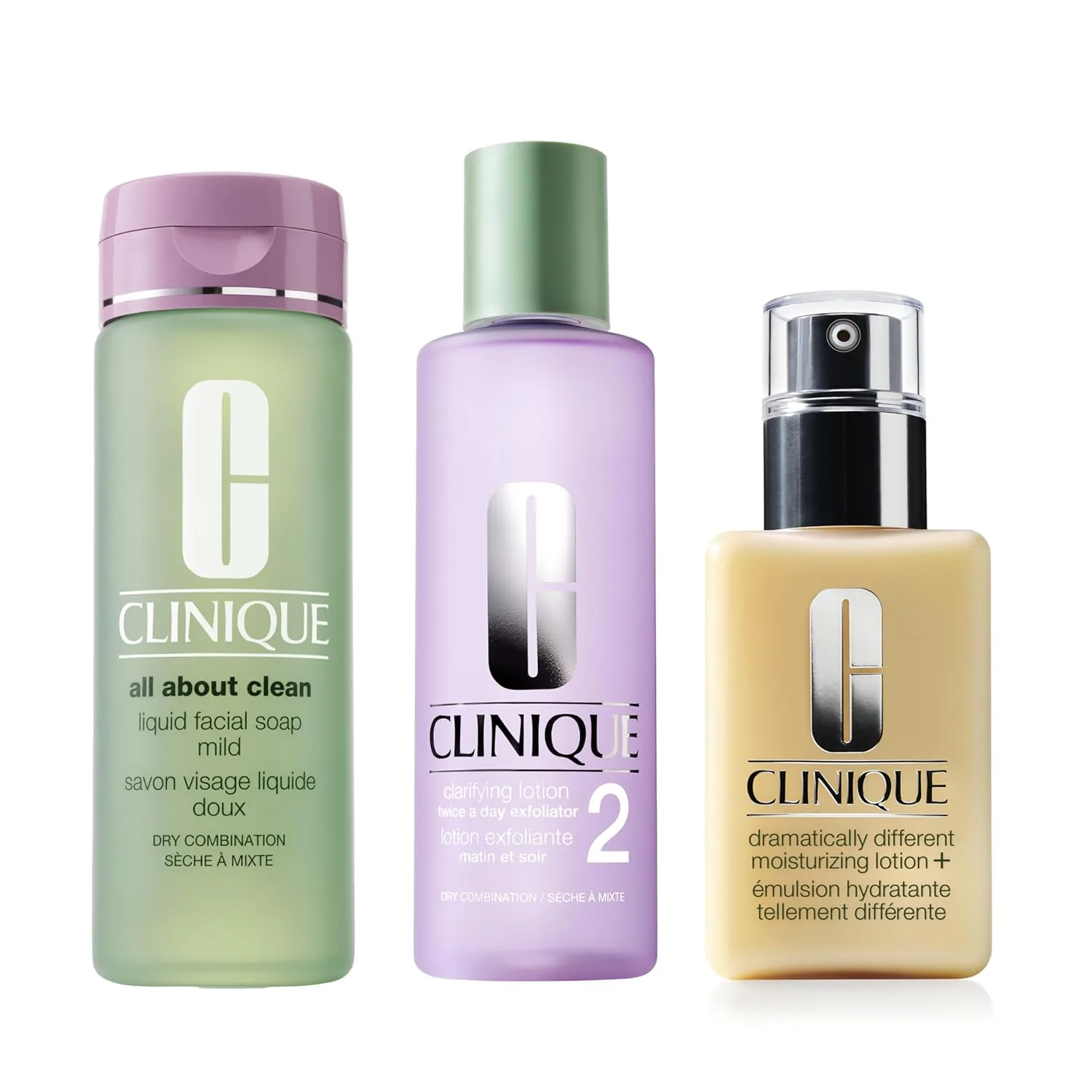 Набор Clinique 3-Step All About Clean: жидкое мыло для лица, очищающий лосьон-эксфолиант для лица и лосьон Dramatically Different Lotion+ для сухой и комбинированной кожи. Полноразмерный набор., Clear/Off White