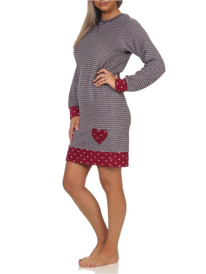 

NORMANN Ночная рубашка из махровой ткани, с длинными рукавами, манжетами, в горошек в красную полоску