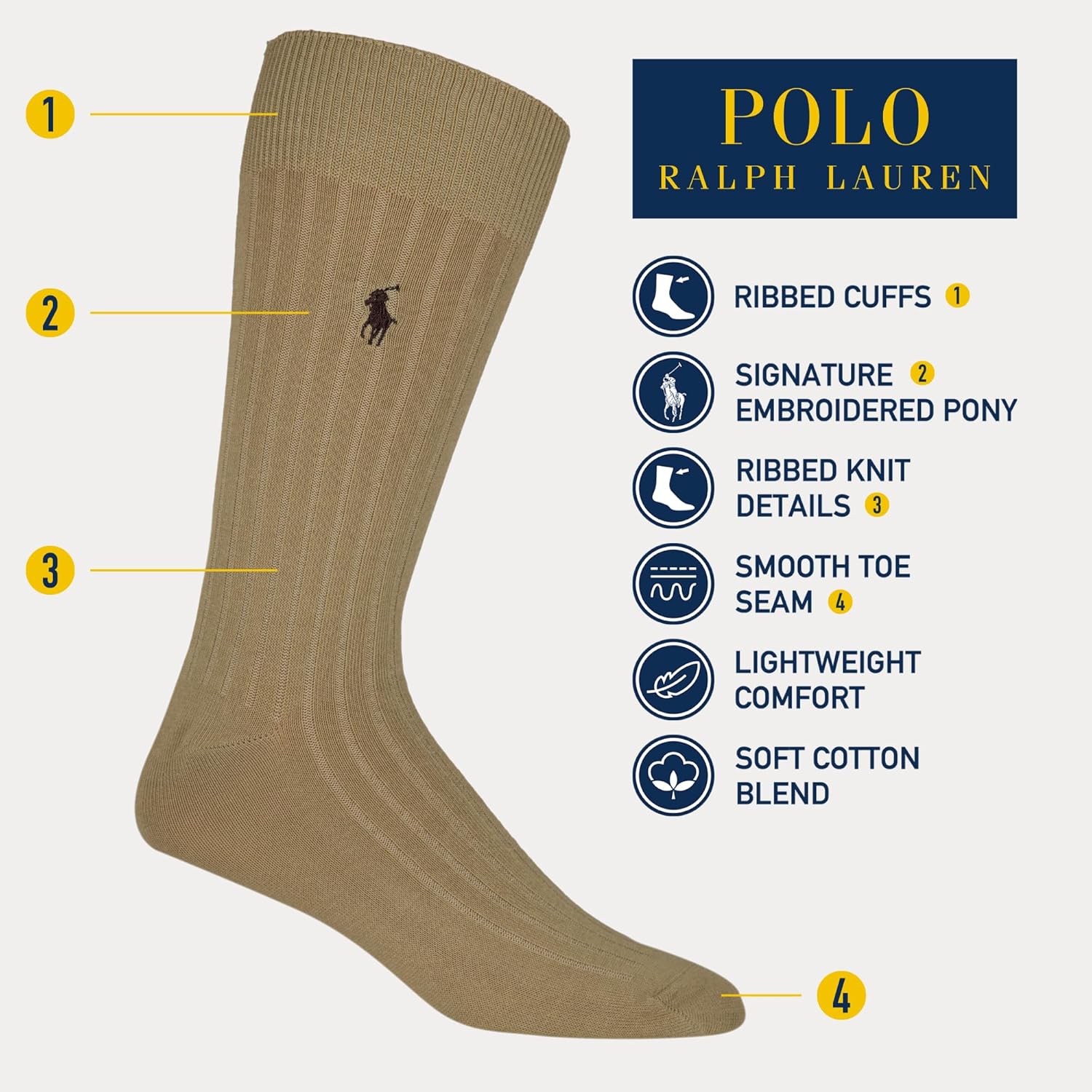 POLO RALPH LAUREN мужские носки-следки из египетского хлопка с рубчиком и вышитым пони - упаковка 1 пара, Tan — фото 2
