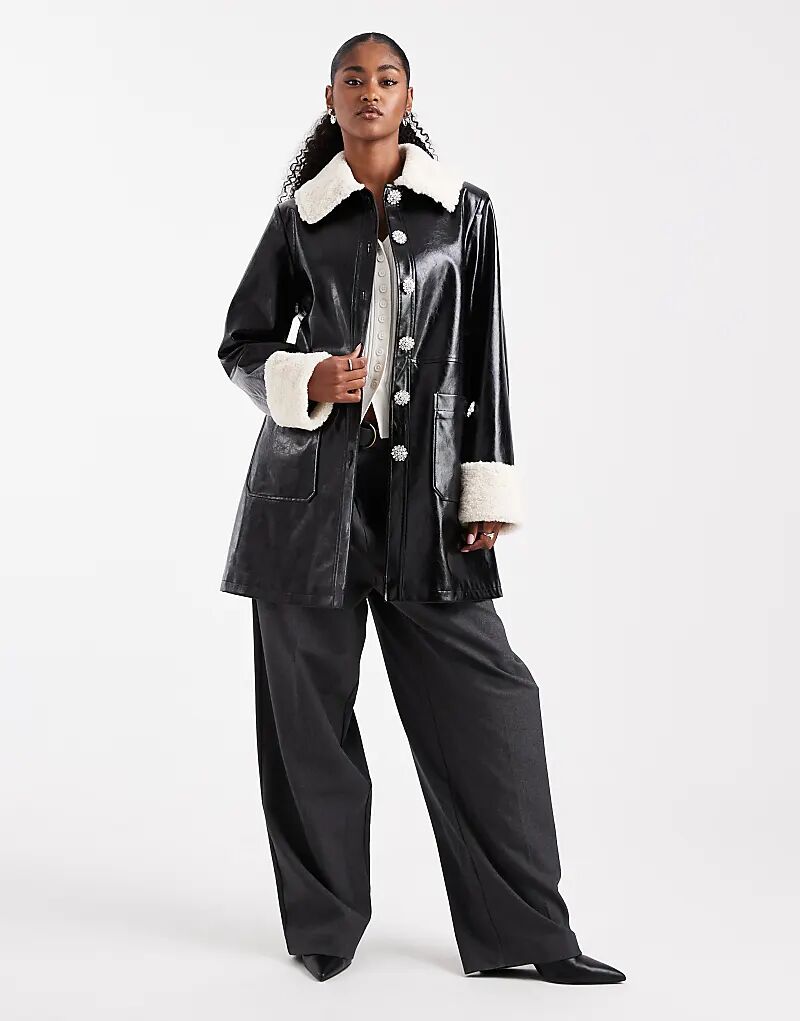 

Пальто из искусственной кожи Miss Selfridge с контрастным воротником, черное