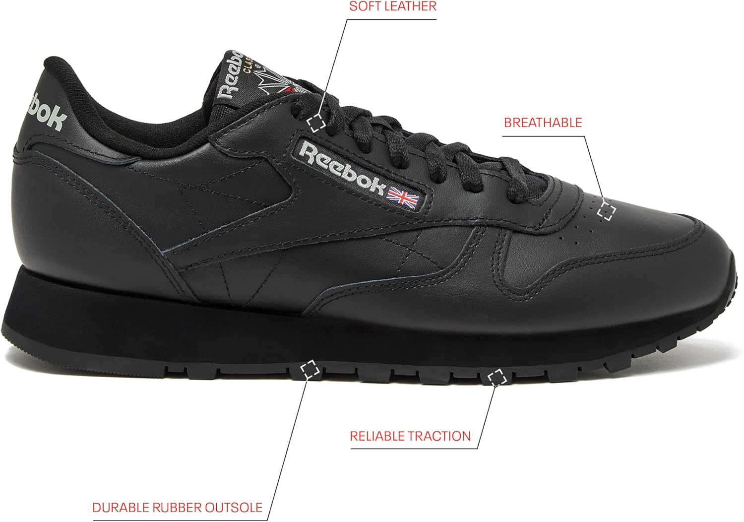 Кроссовки Reebok Classic Leather для мужчин, черный/серый — фото 3