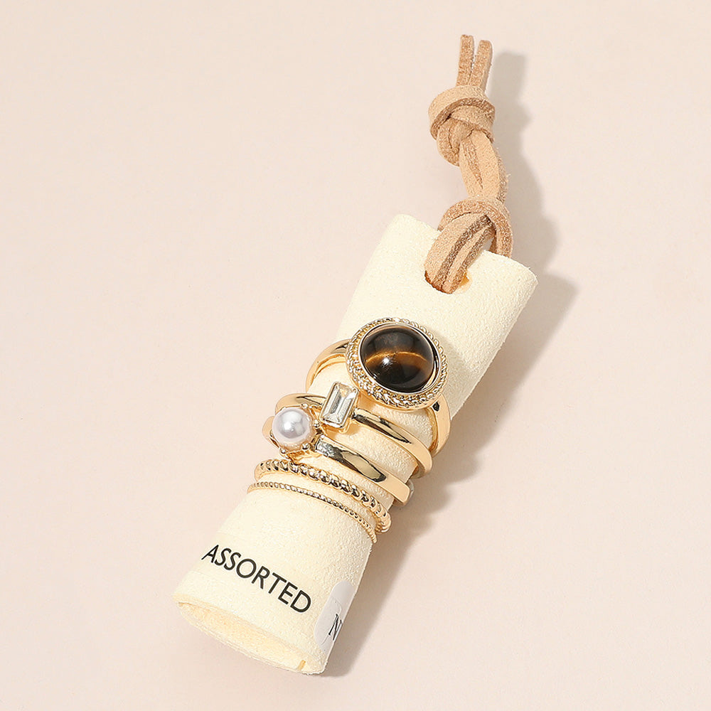 

5 шт. - Элегантный набор колец с драгоценными камнями и жемчугом Fashnzfab, коричневый/золотой