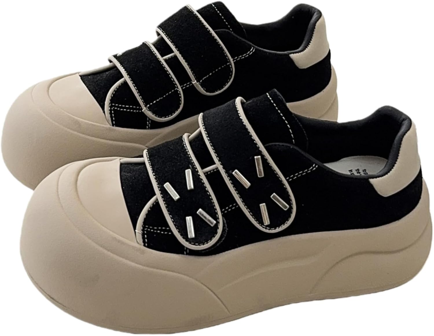 

Кроссовки из натуральной кожи для женщин и мужчин с массивной подошвой, круглым носком, застежкой-липучкой, дышащие, прочные, для скейтборда, повседневные, для школы, на улицу и для прогулок Zqw, черный