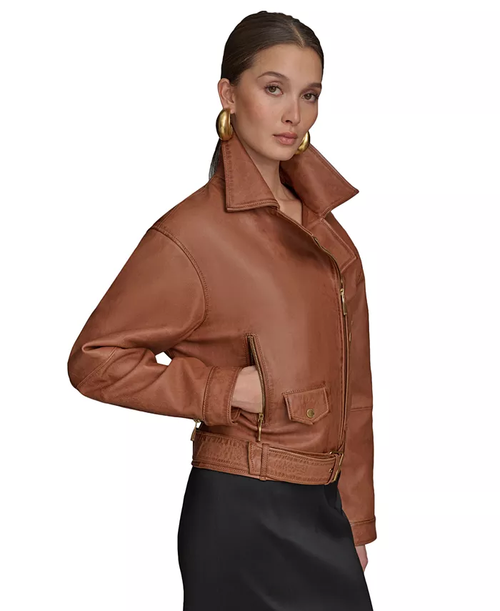 

Женская кожаная куртка-косуха асимметричного кроя Donna Karan New York, коричневый