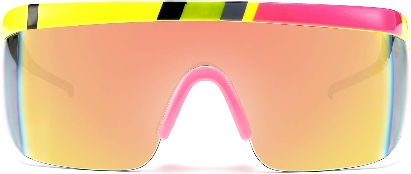 

FEISEDY Большие зеркальные спортивные солнцезащитные очки в стиле 80-х, горнолыжные очки с плоским верхом, цельные, футуристический козырек, для женщин и мужчин, B2522, 002 Yellow Frame Yellow Mirrored Lens