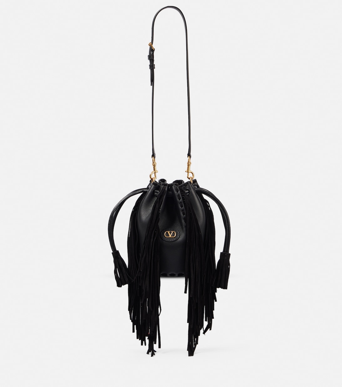 

Сумка-ведро Nellcôte Small из кожи с бахромой Valentino Garavani, Nero