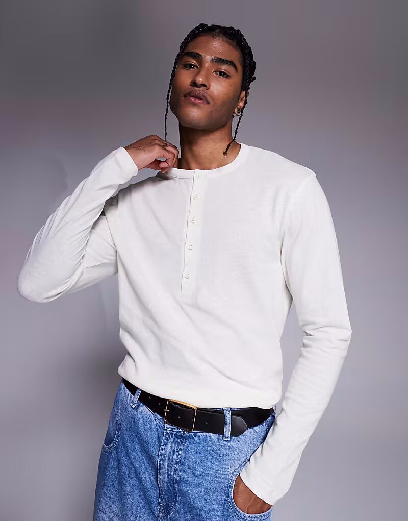 

Футболка с длинными рукавами из смеси льна и хлопка ASOS DESIGN кремового цвета