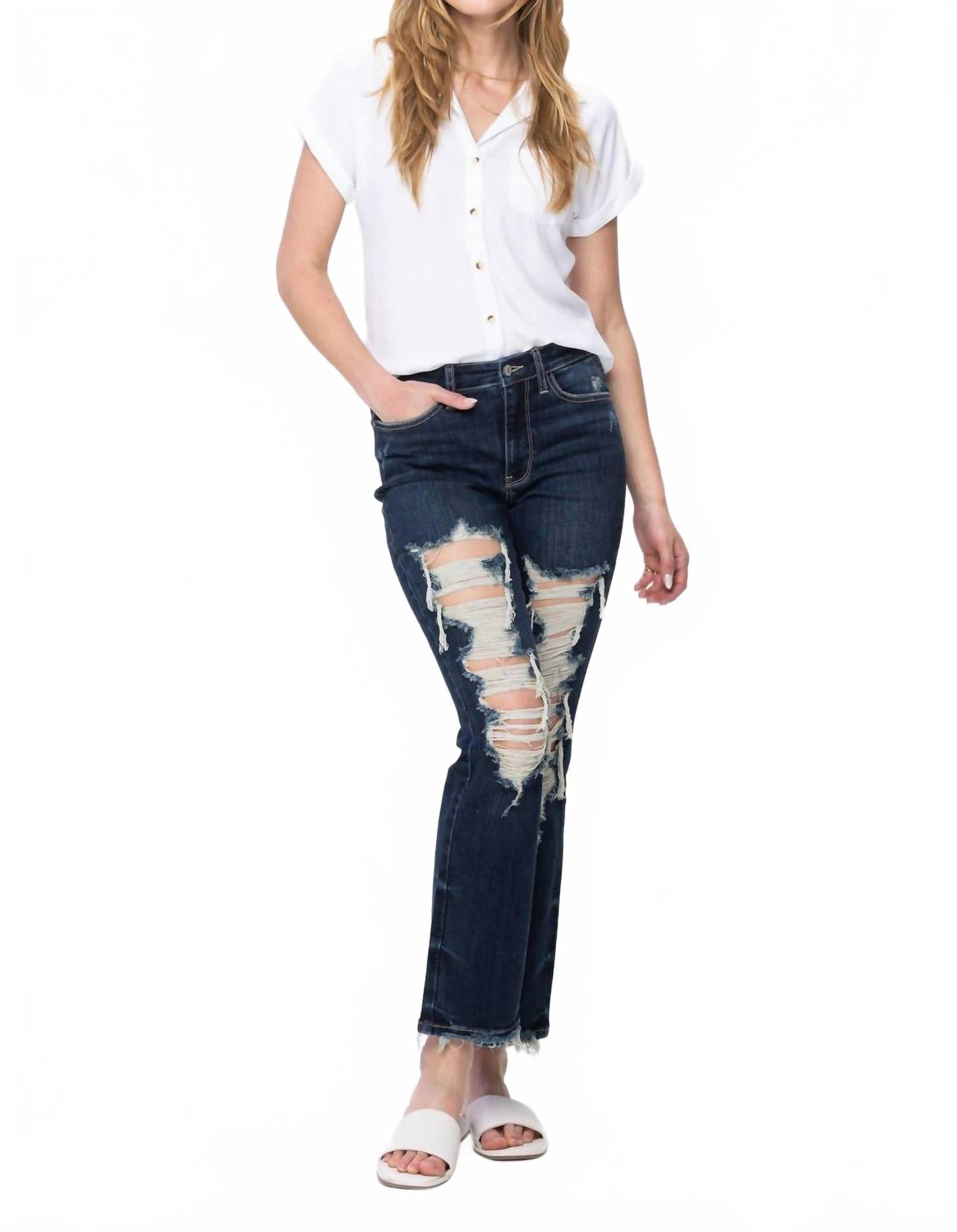 

Judy Blue Джинсы прямого кроя средней посадки, рваные, синего цвета