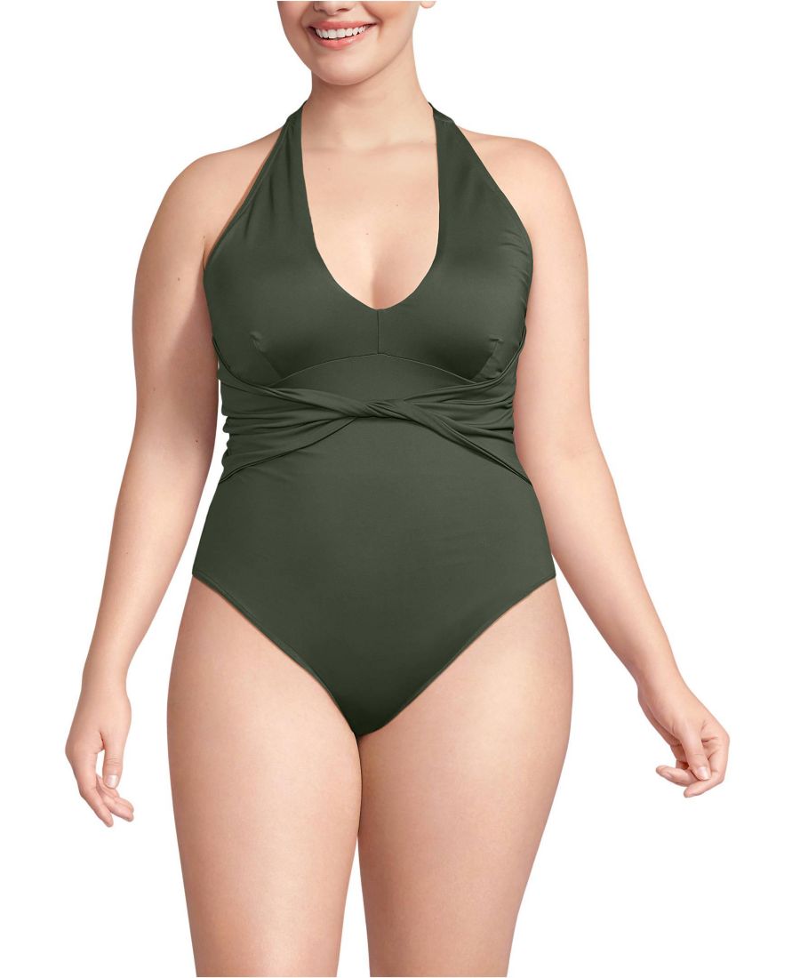 

Женский корректирующий купальник с глубоким вырезом, завязками на шее и высоким вырезом на бедрах Цельный купальник Lands' End, Rich olive green