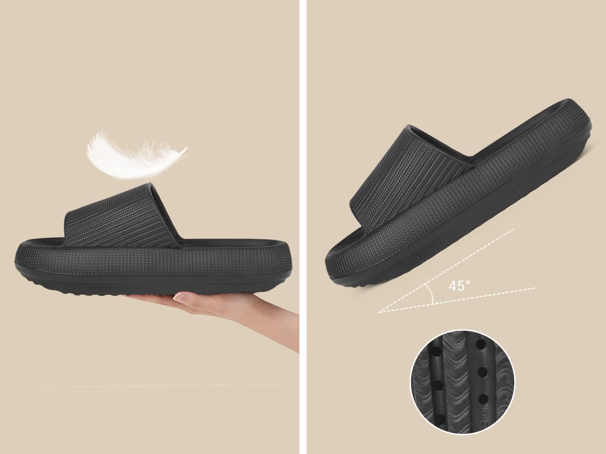 MKP COLLECTION Унисекс шлепанцы Cloud с ультрадляной подошвой и 3D противоскользящим рисунком - быстро сохнущие банные сандалии для душа, бассейна и спортзала, легкие домашние тапочки-подушки для женщин и мужчин, черный — фото 2