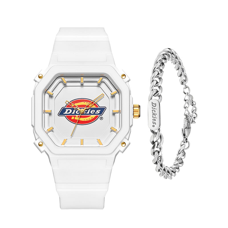 

Dickies Наручные часы с кварцевым механизмом, белым циферблатом, унисекс, в коробке с кубинским браслетом
