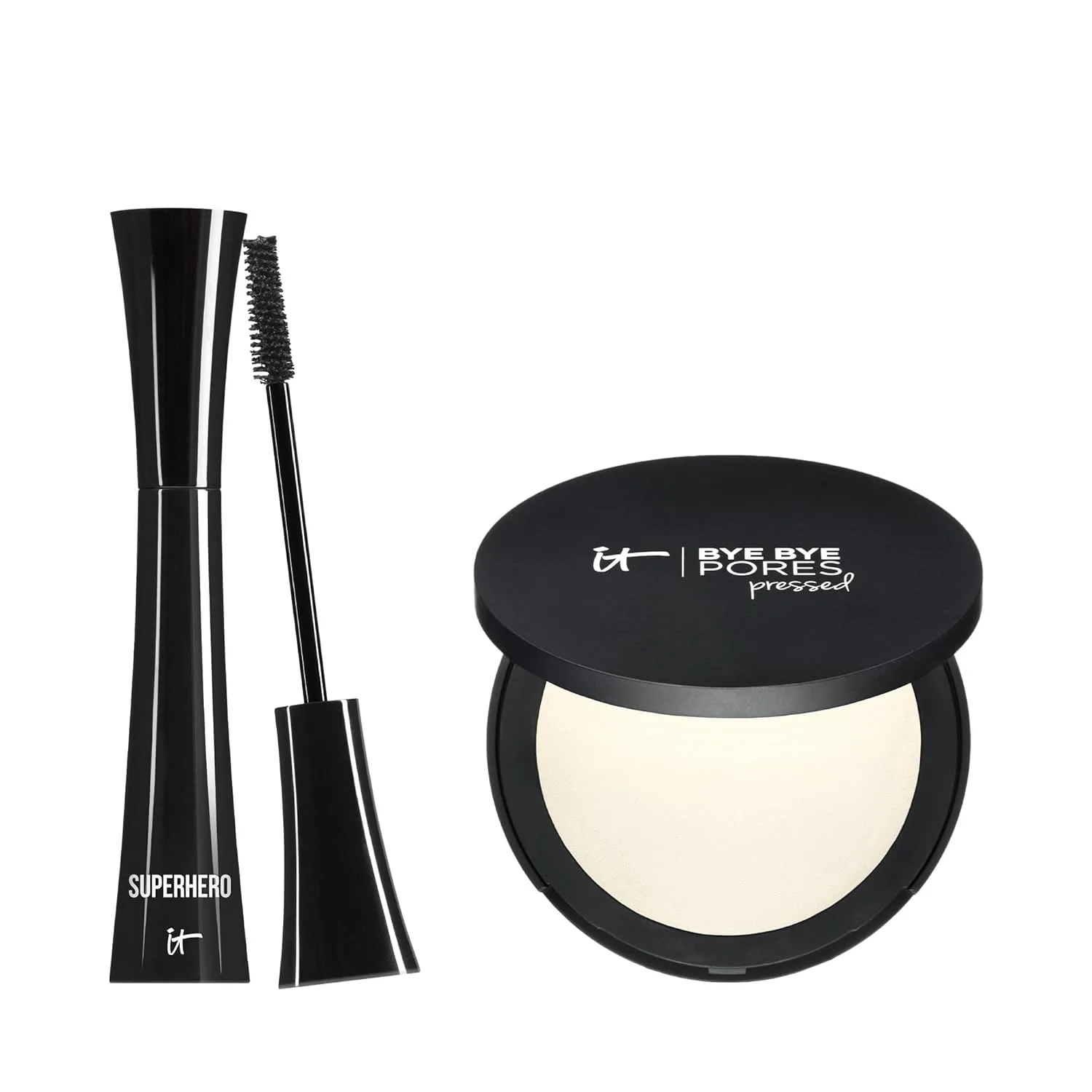 Набор IT Cosmetics Superhero Mascara и Bye Bye Pores Pressed Powder - удлиняющая и придающая объем тушь Black (9 мл) - матирующая пудра Natural Matte Finish (9 г), black
