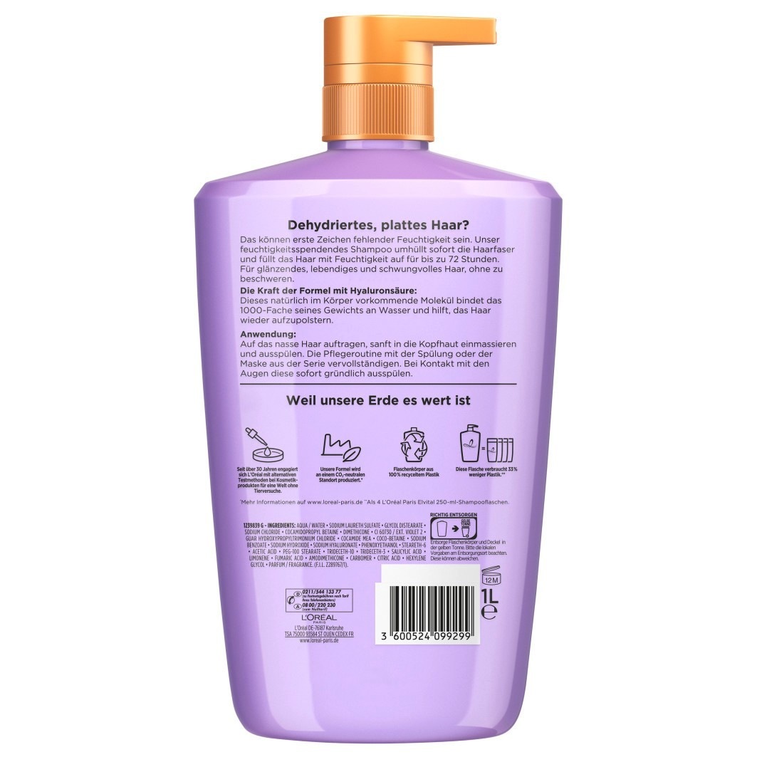 Шампунь elvital hydra [hyaluronic] feuchtigkeits-auffüllendes shampoo Loreal Paris, объем 1000 мл — фото 2