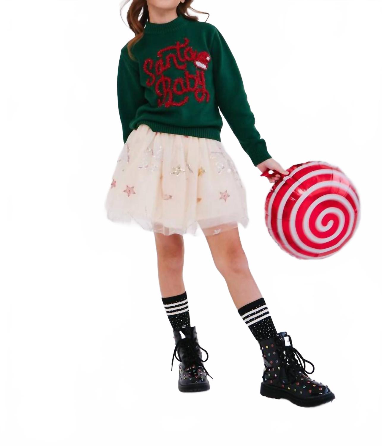 

Lola + The Boys Детский праздничный свитер для девочки в зеленом цвете с изображением Санты