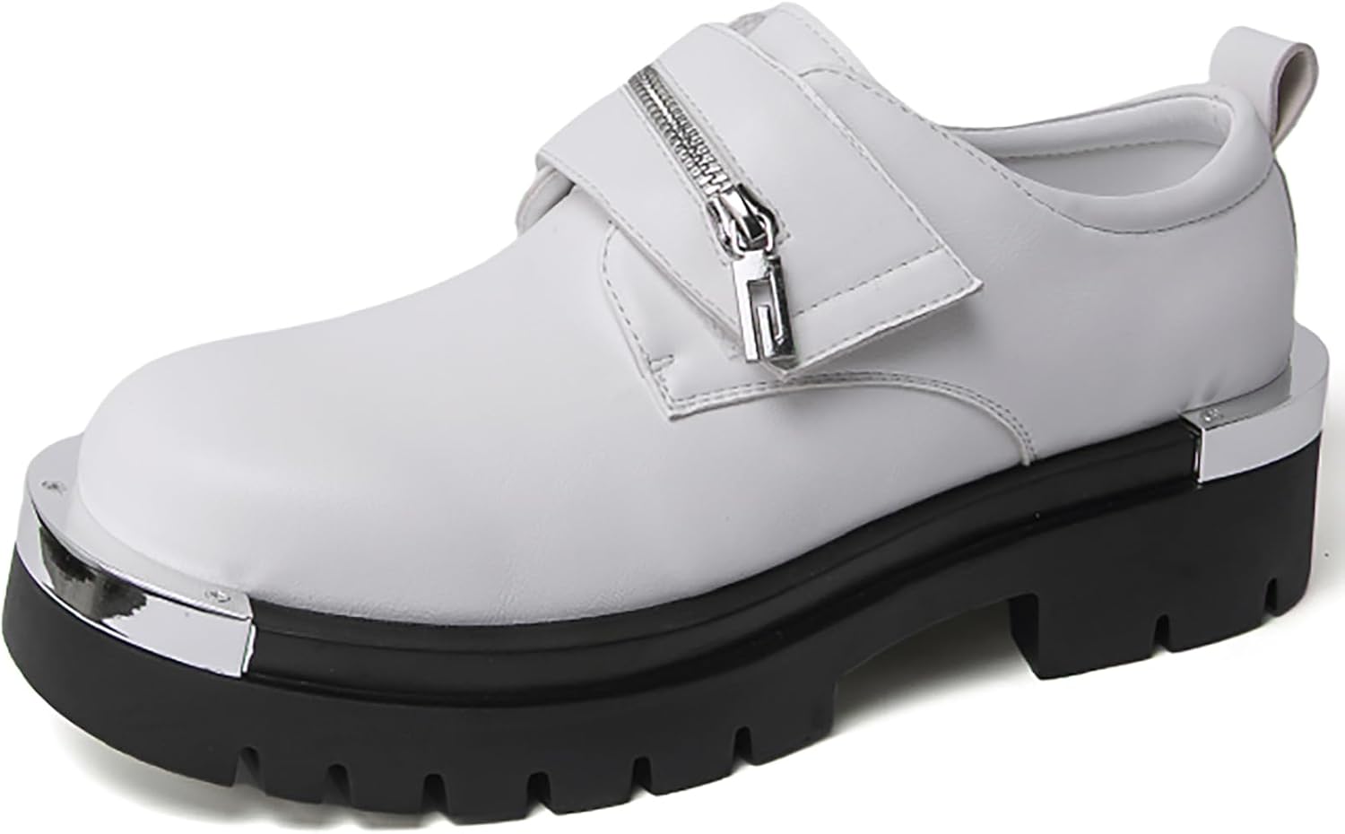 

Мужские кожаные оксфорды с металлической пластиной на платформе, классические с широким носком, регулировка пряжки, деловые туфли с нескользящей подошвой, удобным массивным каблуком, подъемные дерби Qeosnbx, белый