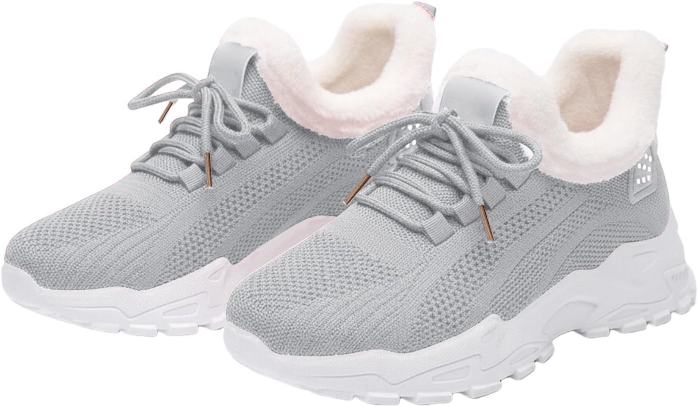 

Женские теплые кроссовки с флисовой подкладкой для зимы, теннисные кроссовки на шнуровке, с меховой подкладкой, на платформе, удобные для ходьбы, легкие повседневные кроссовки, противоскользящие Ayziemezm, серый