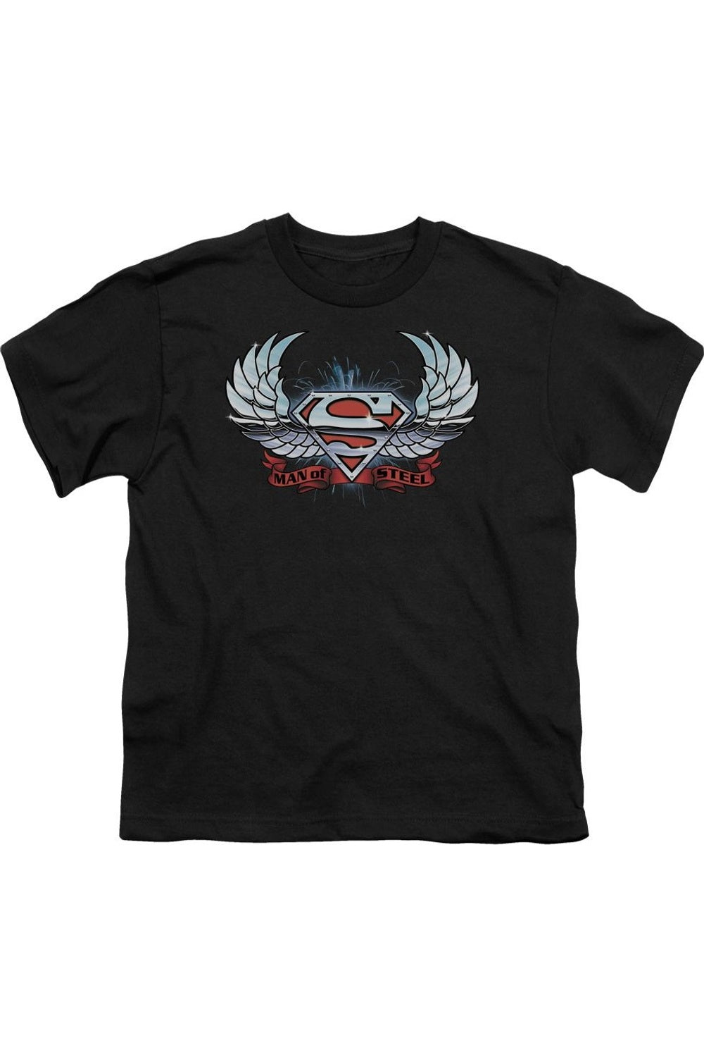 

Футболка с коротким рукавом для детей "Superman" с крыльями и щитом в хромированном стиле Gildan, черный