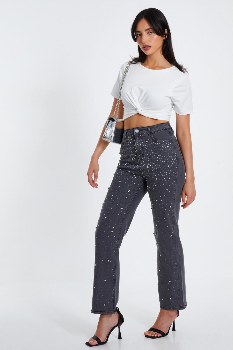 

Серые джинсы с отделкой стразами, широкие QUIZ Clothing