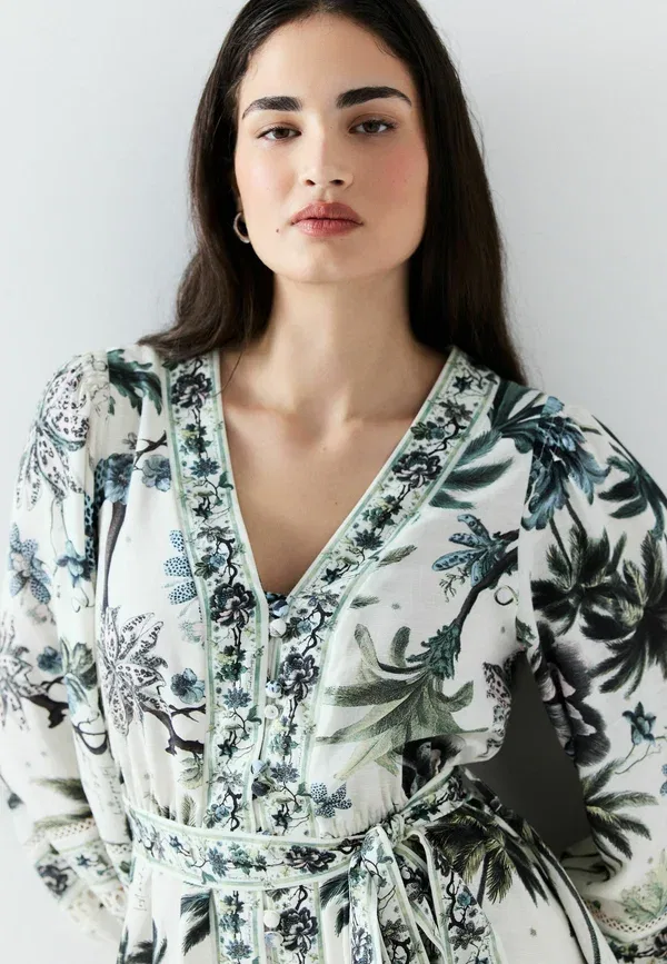 Платье-рубашка Next Tall fit long sleeve mini occasion dress, цвет экрю с цветочным принтом — фото 4