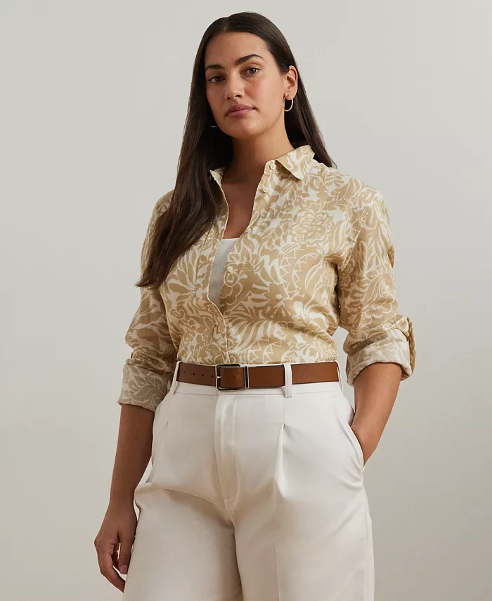

Женская рубашка Plus Size с подкатанными рукавами из 100% льна Lauren Ralph Lauren, мультиколор