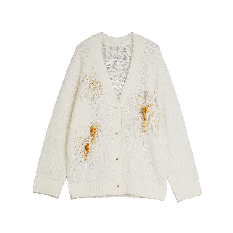 

ELLE Свитер XU ZHI для женщин, цвет ecru, V-образный вырез, кардиган средней длины