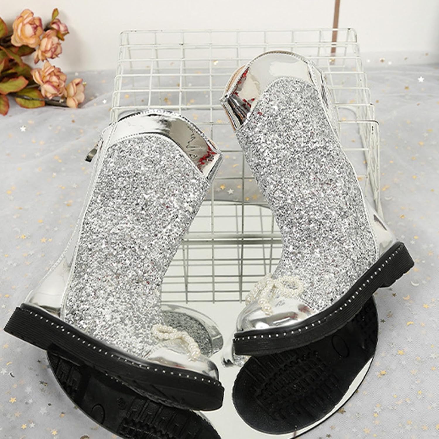 Сапожки Ctreela Sparkle Cowgirl для маленьких и больших детей, ковбойские западные блестящие сапожки для девочек, металлические сапоги средней высоты, серебро — фото 3