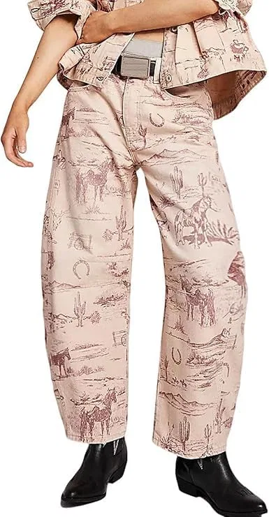 Джинсы с принтом, Wide Leg, Pink