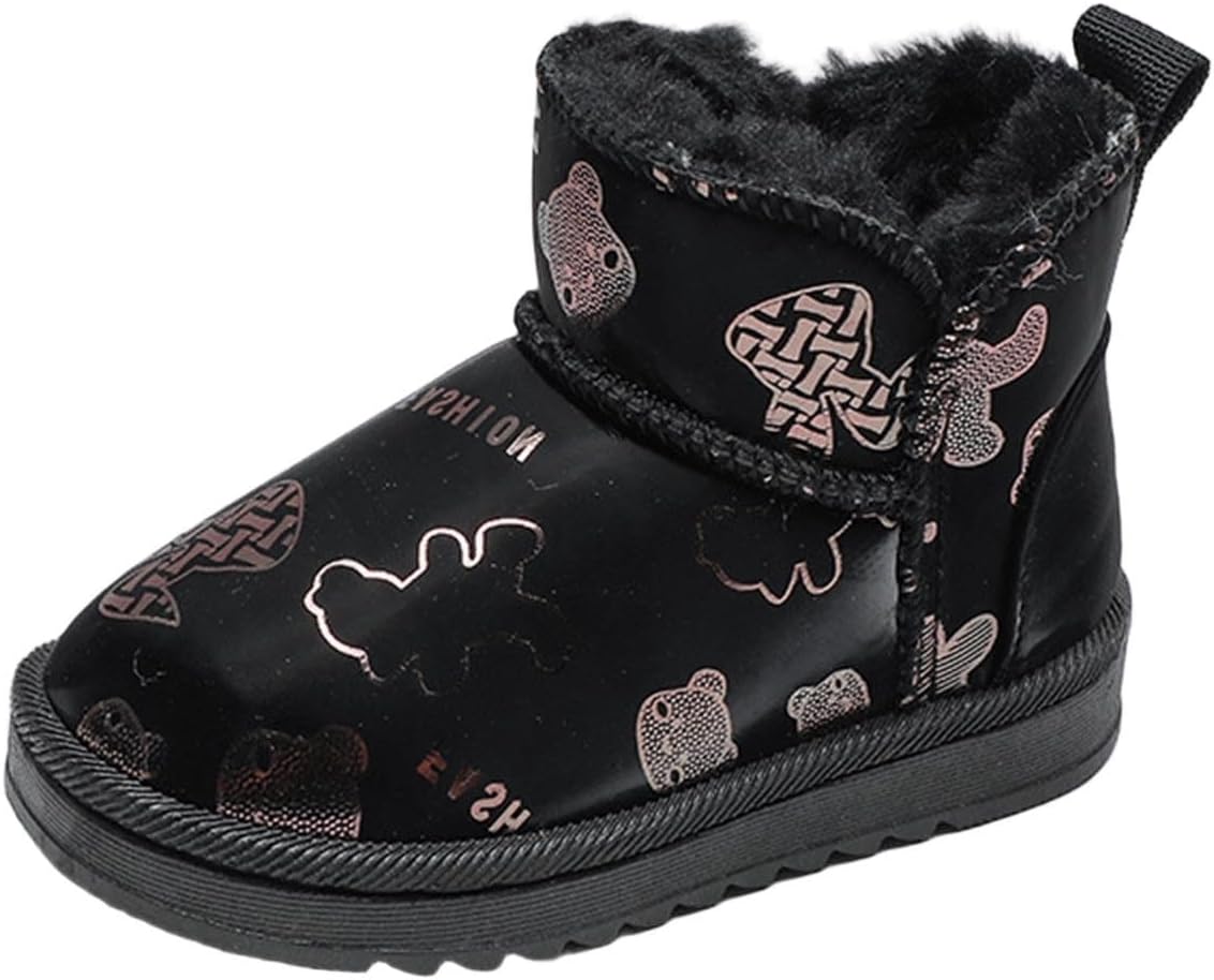 

Зимние сапожки для девочек-подростков с меховой подкладкой, короткие ботинки с милым принтом медвежонка, теплые детские ботинки для детей 12M-12T Zzalalana, Black