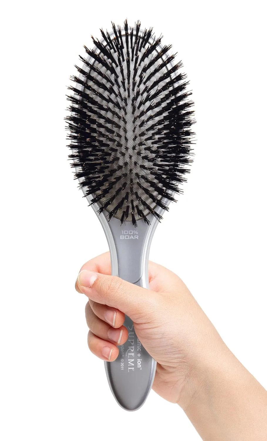 Расческа-щетка Olivia Garden Ceramic + Ion Supreme Styler Cushion Paddle Brush - на основе кабаньей щетины и ионов для блеска, контроля пушистости и разглаживания волос. 100% щетина кабана, Silver — фото 2