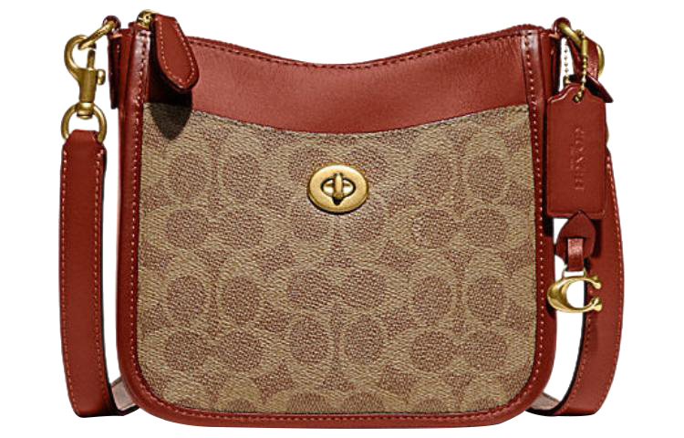

COACH Кожаная наплечная сумка через плечо малого размера для женщин с монограммой в коричневом цвете с рыжеватыми акцентами